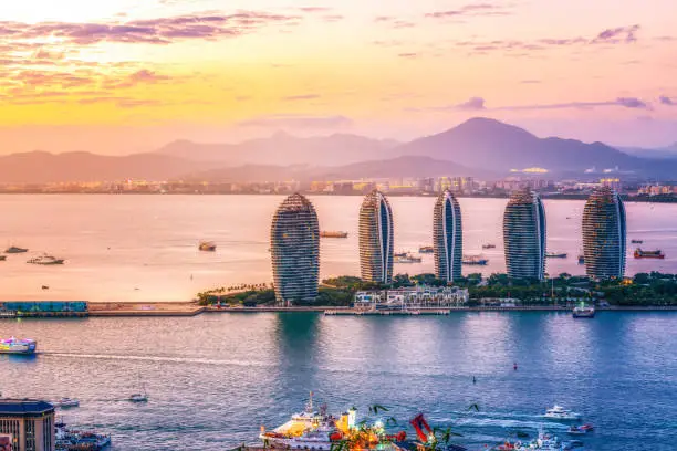 Aerial photography of Hainan island scenery and evening sunset