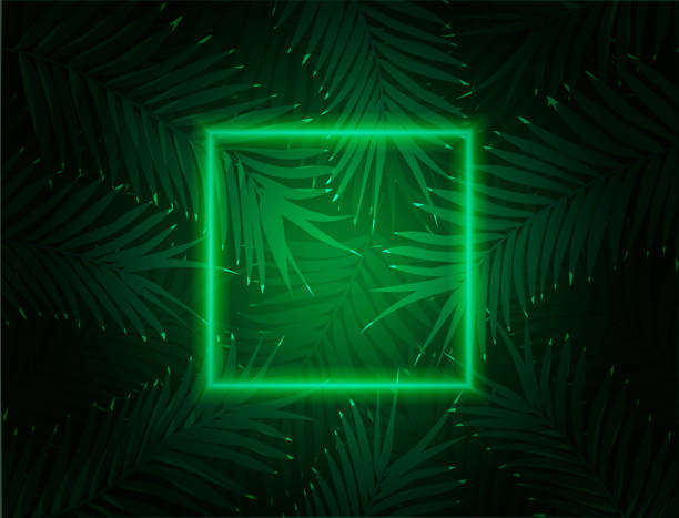 istock Fluorescent Square Neon Jungle in Synthwave Futuristic Cyberpunk Style with Palm Leaf Jungle Background 1297946954