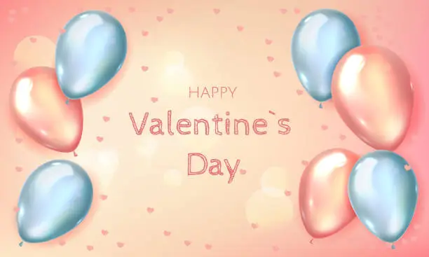 Vector illustration of Lovely card for Valentine's Day, template with balloons. Illustration with 3D grey and pink balloons. Valentines Day background with 3d hearts on red. Vector illustration