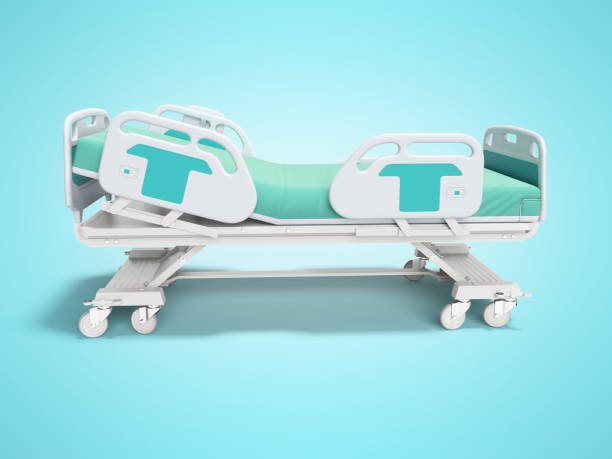istock Turquoise hospital bed with lifting mechanism on an autonomous control panel right side view 3D render on blue background with shadow 1297947795
