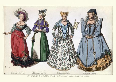 Vintage illustration of Sixteenth century. Ladies from France and Germany. According to Holbein, Weigel, Joos de Boscher, etc. Swiss. 1530-40. German. 1560-80. Venetian. 1580-85. Parisian. 1580-90.