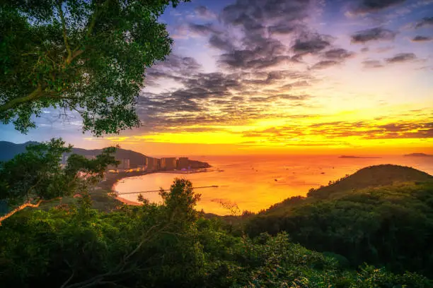 Aerial photography of Hainan Sanya island scenery and natural landscape at dusk