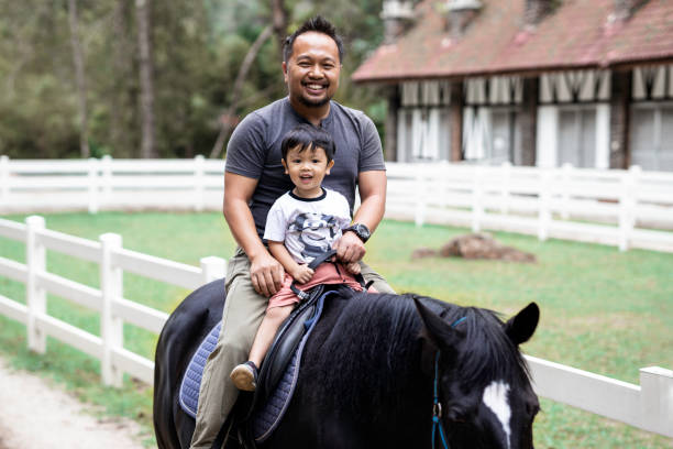A handsome Malay father and his adorable son riding on a horse during their vacation trip. stock photo