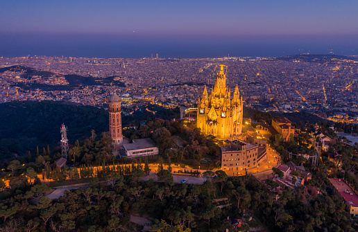 Aerial view of Barcelona skyline with Sagrat Cor temple at night, Catalonia, Spain