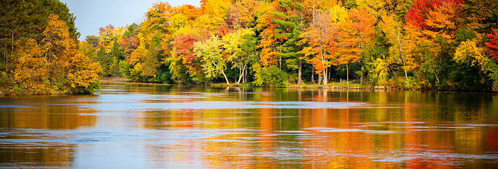 Lower Ausable Lake in the Adirondack Mountains, New York State, USA, on a sunny day during Fall colors.