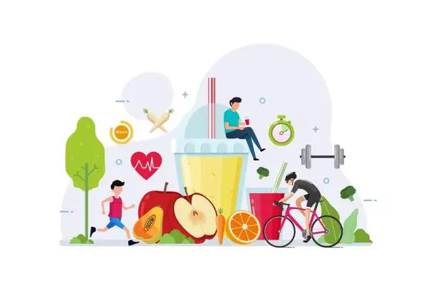 Vector illustration of Sport healthy lifestyle and organic fruit with tiny people design concept