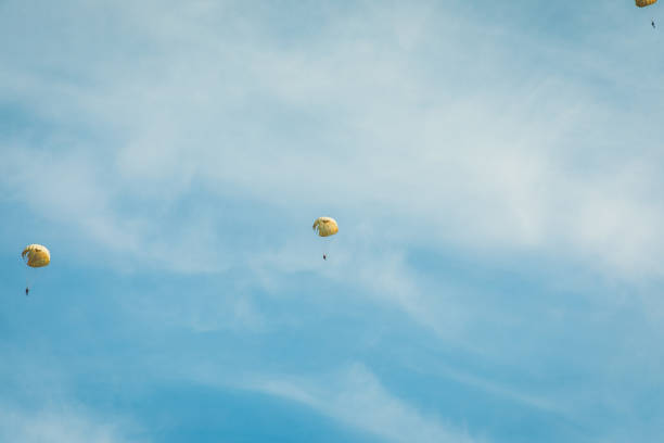 Scenic view of the blue sky with people doing parachuting from the flight during sunny summer day