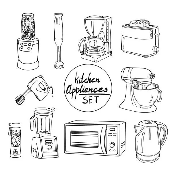 Vector illustration of Hand drawn kitchen appliances set. Coffee maker, different types of mixers, toaster, electric kettle, blender, microwave oven, stand mixer. Set of household kitchen appliances in the style of doodle.