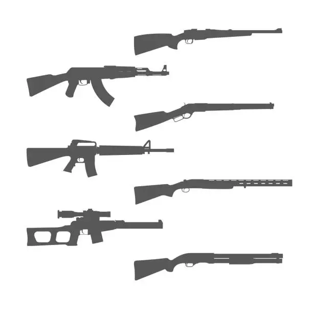 Vector illustration of Firearms silhouettes collection, shotgun, m16 rifle and hunt handgun, guns and weapons, vector