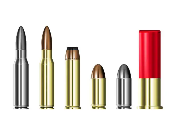 Vector illustration of Cartridge cases with bullets, hunting and military ammunition,  set of ammo cartridges isolated on transparent background, vector