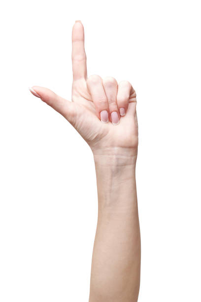 istock female hand poiting by finger isolated on white background with clipping path 1297960608