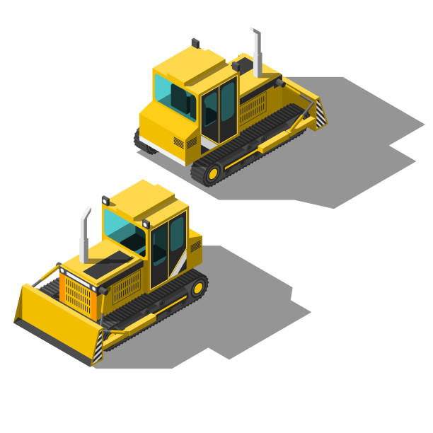 ilustrações de stock, clip art, desenhos animados e ícones de abstract isometric 3d bulldozer transport vector design style - wheel tractor scraper