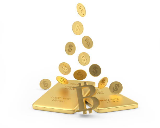 istock Falling dollar coins on bitcoin sign and gold bars 1297968474