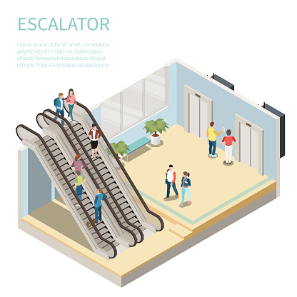 Isometric composition with people using escalator and waiting for elevator 3d vector illustration