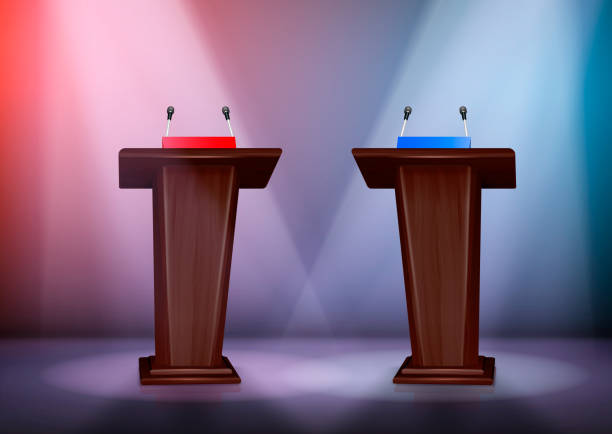 Tribunes For Debate Realistic Composition Two tribunes for debate on stage illuminated by floodlights realistic colored composition 3d vector illustration debate stock illustrations