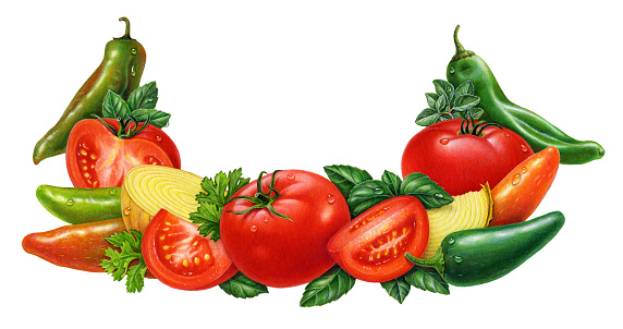 An illustration of ingredients for salsa: tomatoes, onions, peppers, and spices