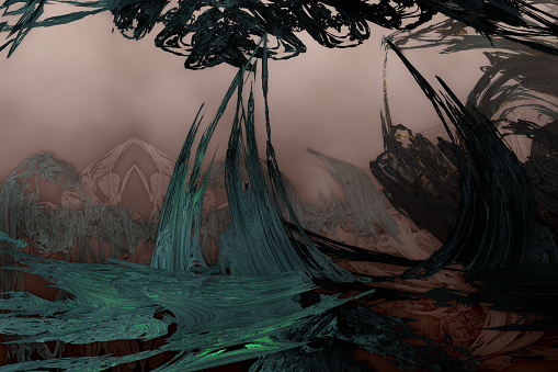 Broken trees on an unreal alien planet. 3d fractal graphic, part of a huge fractal, calculated with Mandelbulp 3D program