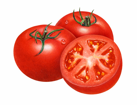 An illustration of two whole tomatoes with a cut half on the right side.