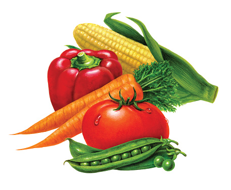 An illustration of a grouping of vegetables that include: carrots, peas, tomato, red bell pepper, and corn.