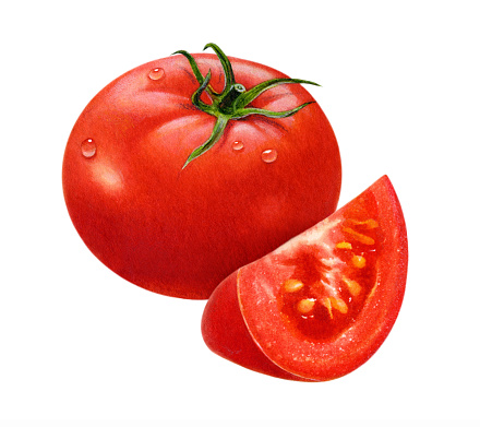 An illustration of a whole tomato with a wedge in front.