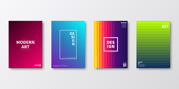 Set of four vertical brochure templates with modern and trendy backgrounds, isolated on blank background. Abstract illustrations with beautiful gradients decomposed into several color lines (colors used: Red, Purple, Pink, Orange, Green, Blue, Black, Turquoise, Yellow). Can be used for different designs, such as brochure, cover design, magazine, business annual report, flyer, leaflet, presentations... Template for your own design, with space for your text. The layers are named to facilitate your customization. Vector Illustration (EPS10, well layered and grouped), wide format (2:1). Easy to edit, manipulate, resize and colorize.
