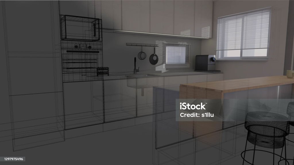 Wireframe Kitchen Wireframe Style Kitchen 3d Rendering Interior Scene Stock Photo ...