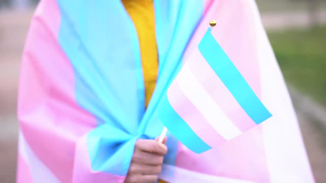 Woman holding a transgender flag covered with the flag