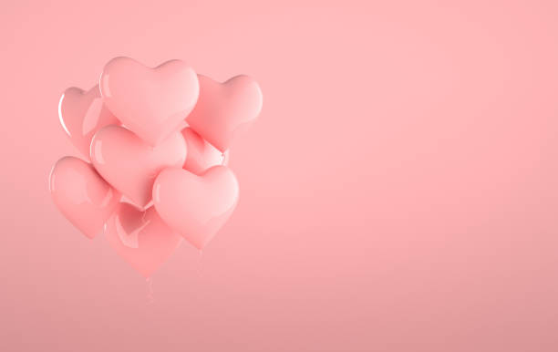 핑크 광택 빛나는 풍선, 반사 효과와 파스텔 핑크 배경에 심장 모양. 세인트 발렌타인 데이 인사말 카드 2 월 14 디자인. 사랑, 결혼식 결혼식 축하. 3d 렌더 - candy heart 이미지 뉴스 사진 이미지