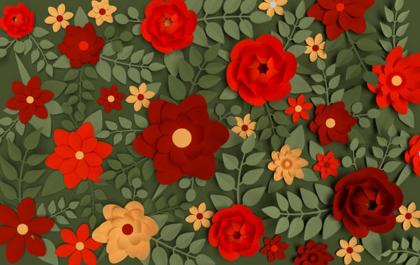 Paper elegant pastel colored flowers on green background. Valentine's day, Easter, Mother's day, wedding greeting card. 3d render digital spring or summer flowers illustration in paper art style. flores de papel elegantes en color pastel sobre fondo verde. día de san valentín, pascua, día de la madre, tarjeta de felicitación de la boda. 3d renderizar la primavera digital o la ilustración de flores de verano en estilo de arte de papel.