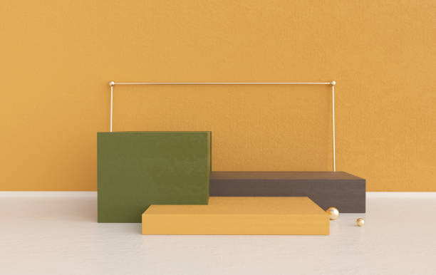istock 3d rendered studio with geometric shapes, podium on the floor. Platforms for product presentation, mock up background. Abstract composition in minimal design, pastel and gold colors 1297979150