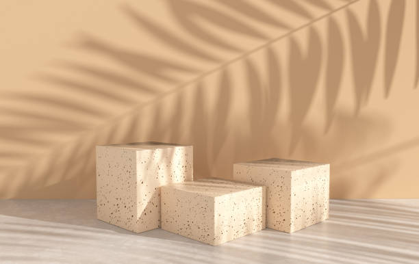 istock 3d rendered studio with geometric shapes, podium on the floor. Platforms for product presentation, mock up background. Abstract composition in minimal design, tropic palm leaves shadow 1297979155