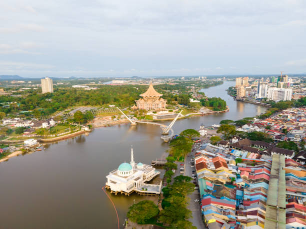 Kuching City, Sarawak Aerial drone view of Kuching City, Sarawak kuching waterfront stock pictures, royalty-free photos & images