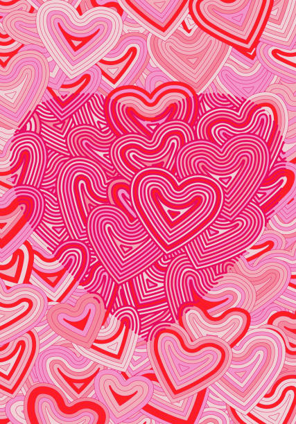 istock Valentine's Day greeting card template or background with hearts and line ornament. Retro fashion hippie psyhedelic design. 1297980427