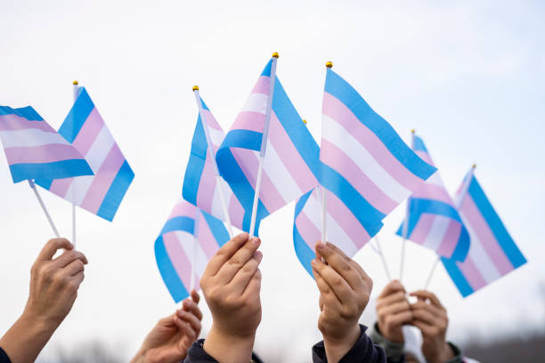 bandeiras transgêneros segurando por pessoas em uma demontração - trans - fotografias e filmes do acervo