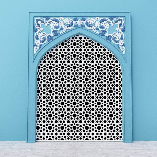 istock Blue Islamic Arch With Traditional Floral Design On Top And Arabesque Pattern Frame 1297982774