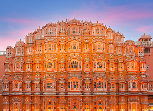 Exterior of famous ancient Hawa Mahal, Palace of Winds in Jaipur, Rajasthan state, India