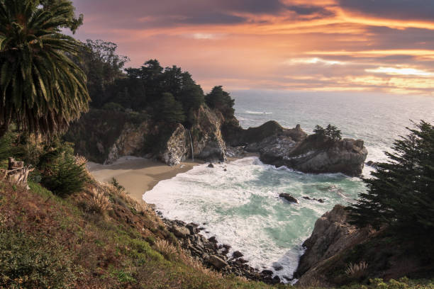istock Sunset at McWay Falls in Big Sur California, Dreamy Sunset Beach 1297984385