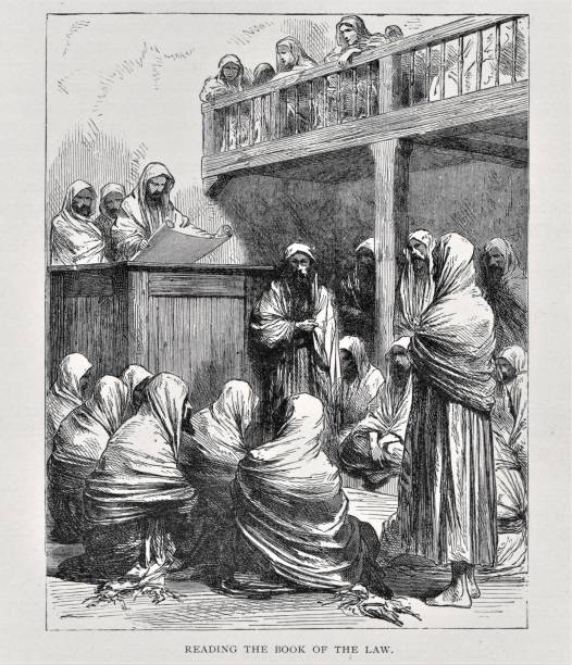 Jesus Reads the Jewish Torah in the Temple Jesus Christ reads the scriptures in the temple. Women listen from the balcony. Illustration published in The Life of Christ by Louise Seymour Houghton (American Tract Society: New York) in 1890. Copyright expired; artwork is in Public Domain. Digitally restored. allegory painting illustrations stock illustrations
