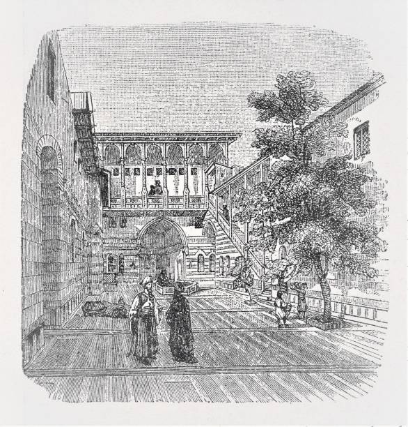 Two Jewish priest walk and talk in a temple courtyard in historic Israel. Illustration published in The Life of Christ by Louise Seymour Houghton (American Tract Society: New York) in 1890. Copyright expired; artwork is in Public Domain. Digitally restored.