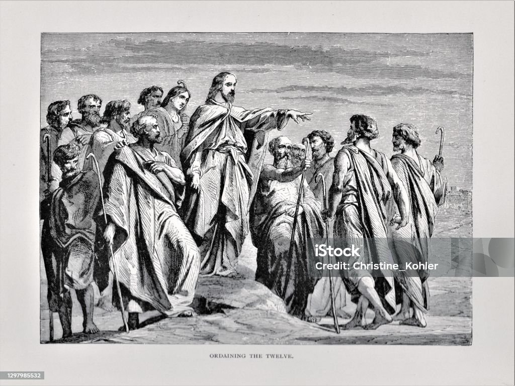 Jesus Teaches Disciples Jesus Christ teaches his apostles. Illustration published in The Life of Christ by Louise Seymour Houghton (American Tract Society: New York) in 1890. Copyright expired; artwork is in Public Domain. Digitally restored. Jesus Christ stock illustration
