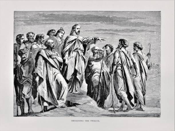 Jesus Teaches Disciples Jesus Christ teaches his apostles. Illustration published in The Life of Christ by Louise Seymour Houghton (American Tract Society: New York) in 1890. Copyright expired; artwork is in Public Domain. Digitally restored. christine kohler stock illustrations