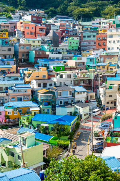 A vertical picture of Gamcheon Culture Village, a popular tourist attraction in Busan, South Korea.