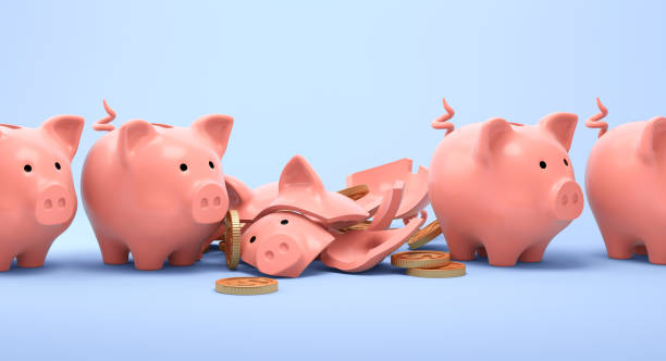 vier keramik sparschweine mit einem in stücke auf blauem hintergrund zerbrochen - piggy bank savings wealth coin bank stock-fotos und bilder