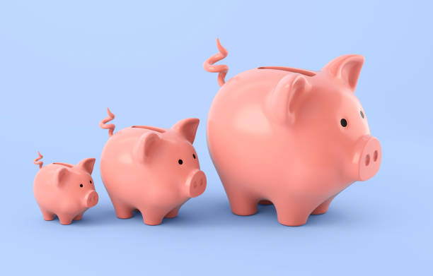 Three piggy banks. Small, medium and large Piggybank. 3d illustration small group of objects stock pictures, royalty-free photos & images