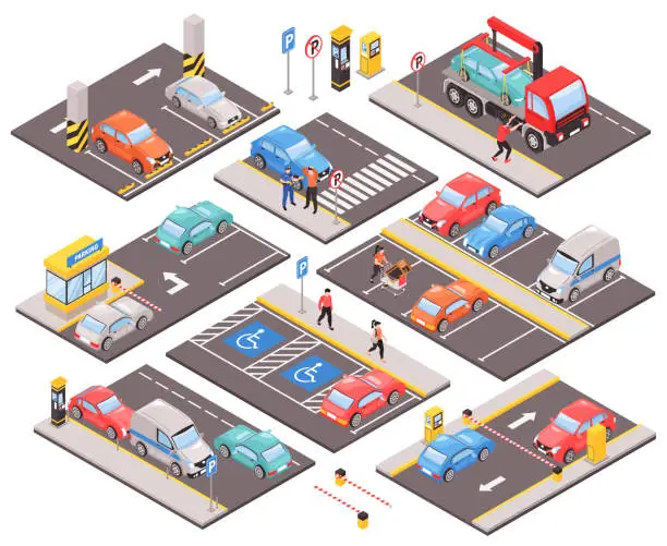 Vector illustration of Parking Cars Isometric Set