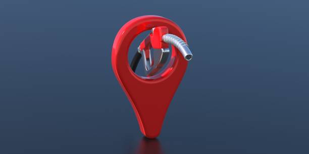 Refuel location. Map marker with fuel hose on blue background. 3d illustration