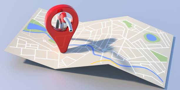 istock Refuel location. Map marker with fuel hose on blue background. 3d illustration 1297992875