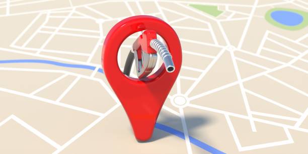 istock Refuel location. Red pointer and fuel hose on map background. 3d illustration 1297992877