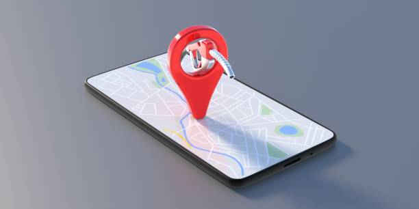 istock Refuel location. Map marker with fuel hose on a mobile phone, gray background. 3d illustration 1297992881