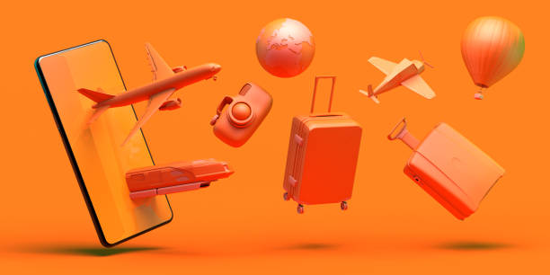 istock Travel concept with smartphone. Banner. Plane, train, suitcase, camera, balloon ... 1297995540